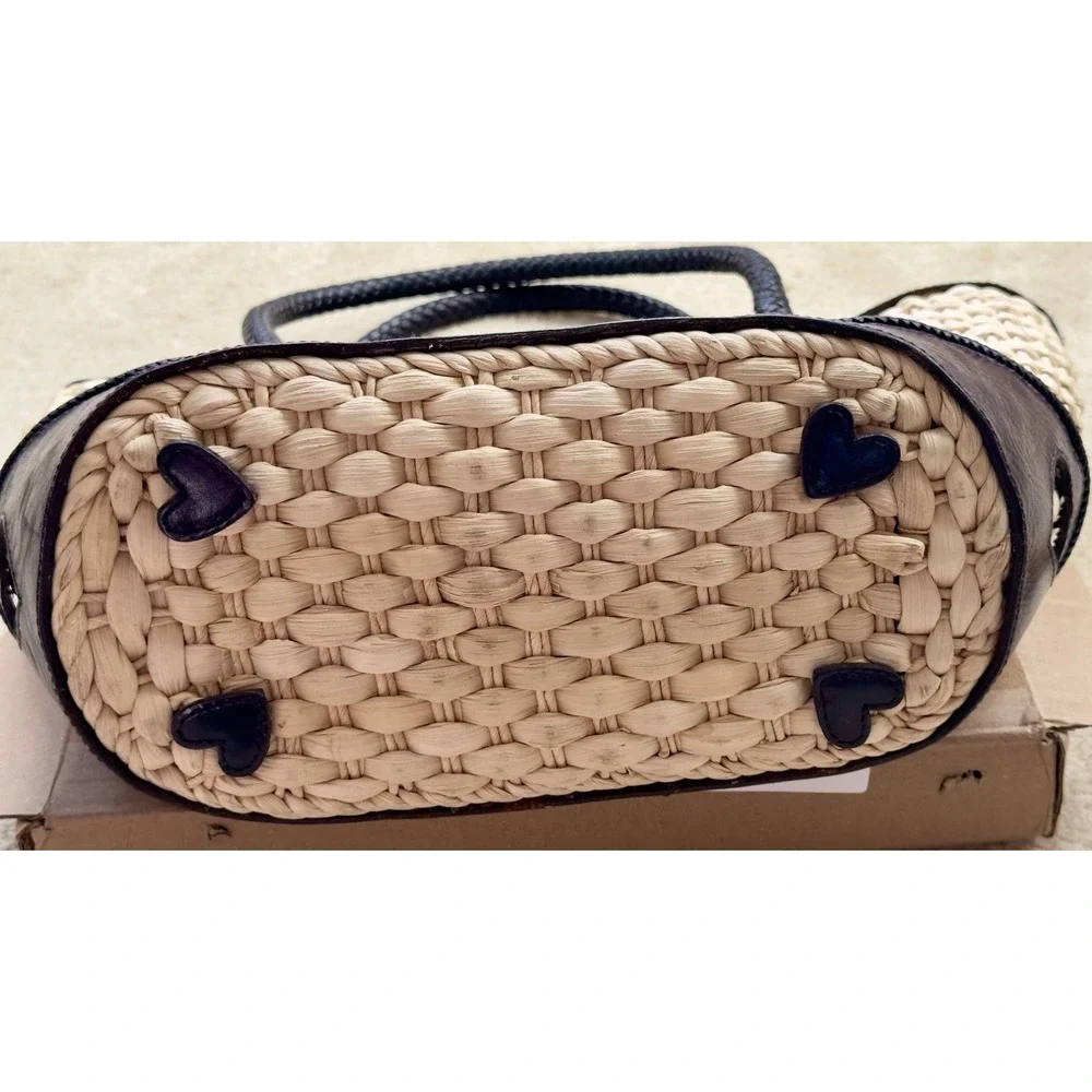 Brighton Vintage Straw Leather Tote, Floral Print Lined Purse‎ With Dust Bag